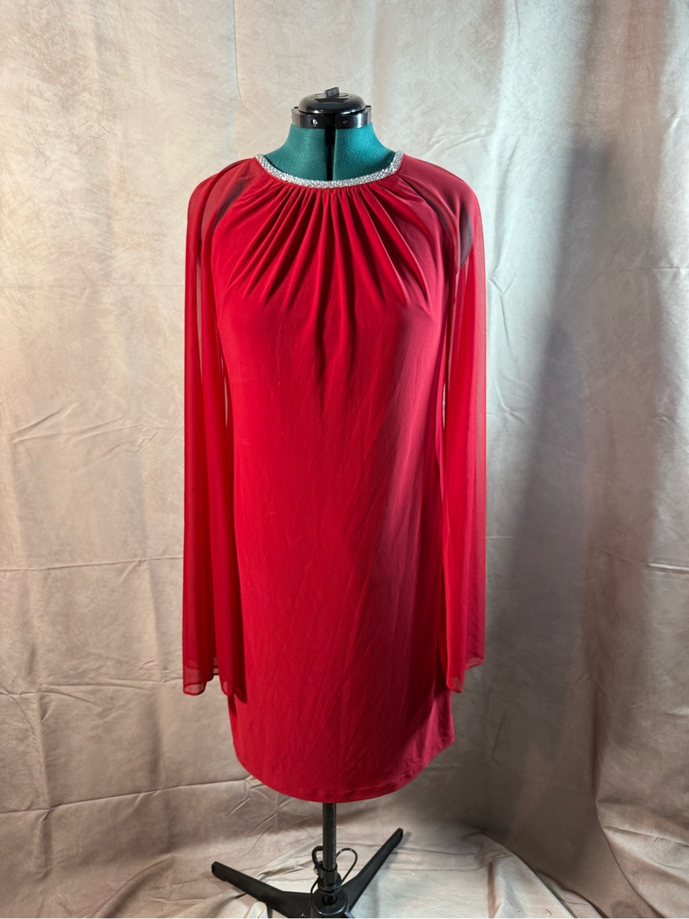 668-R&M Richards Red Long Lace Sleeve Shift Dress with Rhinestone Neckline